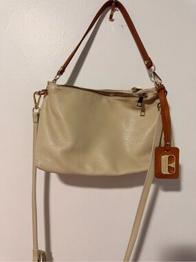 Valentina Cream and Brown Shoulder Bag With Crossbody Strap